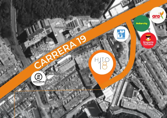 Mapa aéreo con la Carrera 19 y el marcador de HITO 18