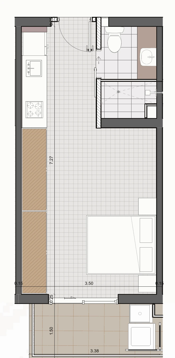 Plano del apartaestudio con cotas. Se abre ampliado.