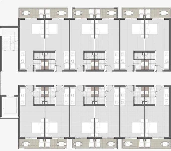 Planta general de la etapa 2, con dos hileras de apartaestudios. Se abre ampliada.